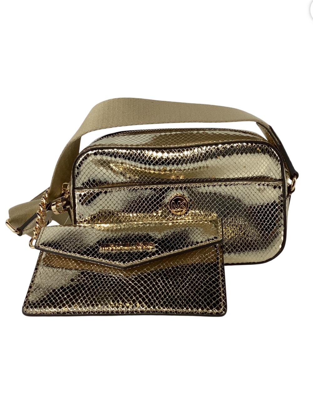 Michael Kors Maisie Small Metallic Gold Snake-Embossed Crossbody with Card Case